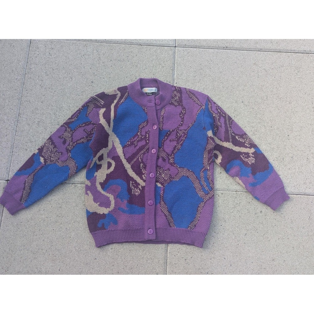 VTG Camela Sweater Womens 38 Purple Wool Button Front Cardigan Geometric Knit